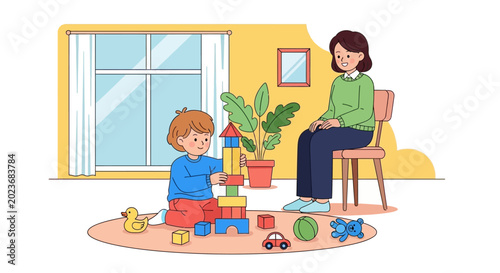 Mother and child playing with toys.