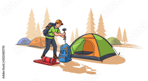 Man with backpack and hiking gear.