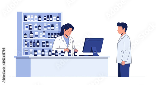 Pharmacist and customer at pharmacy counter.