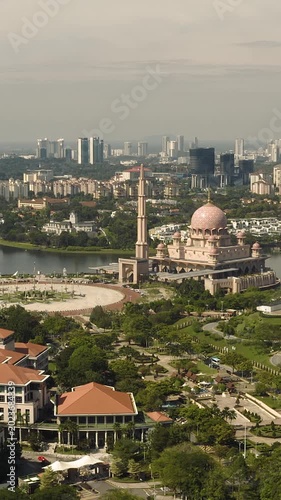 Aerial Cityscape of Putrajaya with Putra Mosque. Vertical video