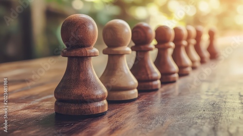 Wooden chess pawns lined up on a wooden surface, symbolizing teamwork and strategic development.