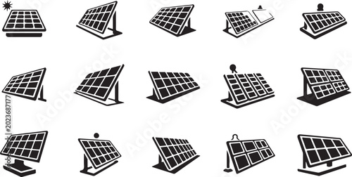 Tableau sur toile Solar panel icons, photovoltaic symbols, renewable energy graphics, black and wh