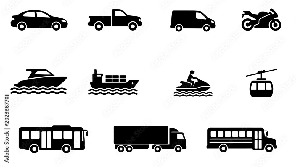 Obraz premium Transportation and vehicle icon set featuring black silhouettes of car, truck, bus, boat, and motorcycle for logistics and travel design