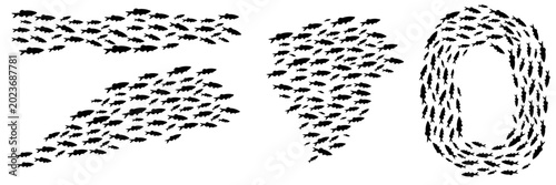 Bild auf Leinwand Silhouette school of fish, ocean fishes swimming in circle