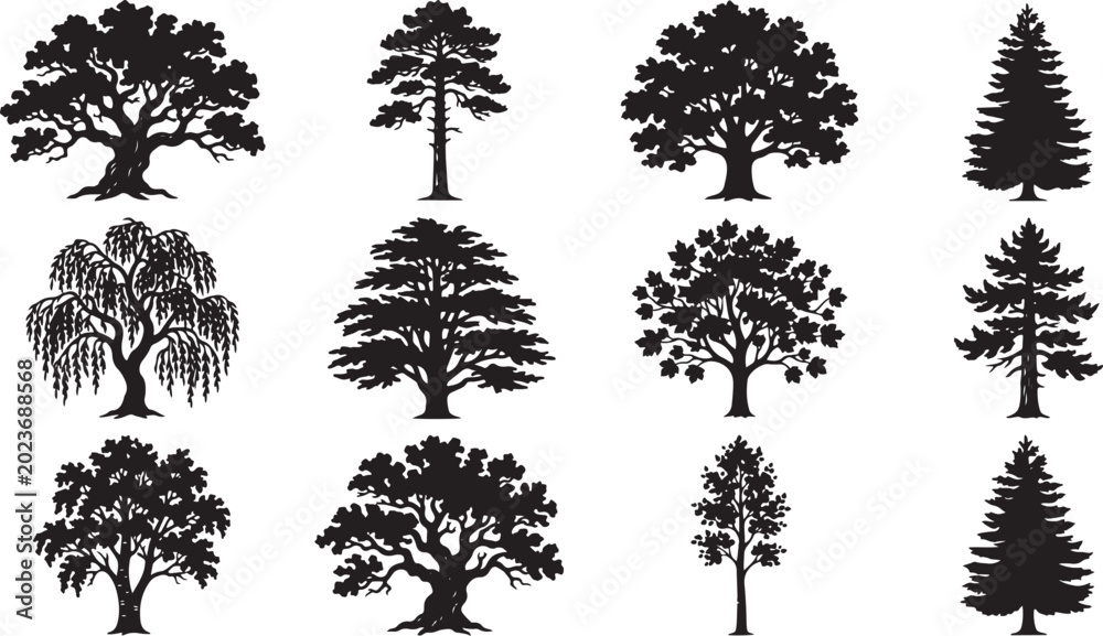 Obraz premium Vintage Forest Tree Silhouette Set Rustic Woodland Vector Illustration Collection