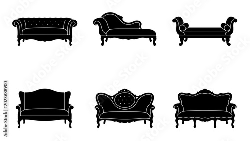 Quadro su tela Elegant Victorian Sofa Silhouettes, Ornate Chesterfield Couch Icons, Classic Tuf