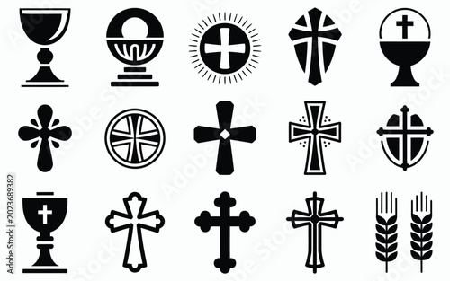 Bild auf Leinwand Black and white vector illustrations of religious symbols including crosses chal
