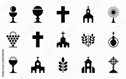 Foto Collection of black minimalist religious icons featuring crosses chalices church