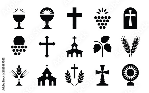 Quadro su tela Black and white religious icon collection featuring crosses churches grapes whea