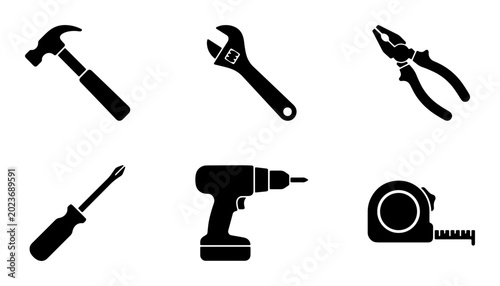 Tableau sur toile Set of 6 Black Silhouette Tools: Hammer, Wrench, Pliers, Screwdriver, Drill, Tape Measure