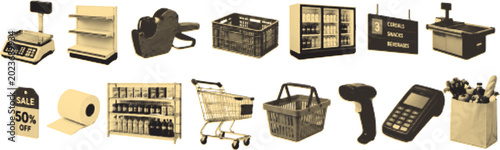 Photography Halftone pop art collage cut out set with retail store supermarket and shopping