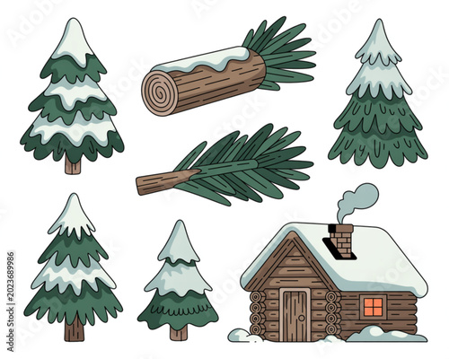 Whimsical cartoon forest scene with trees and cabin illustration Vector