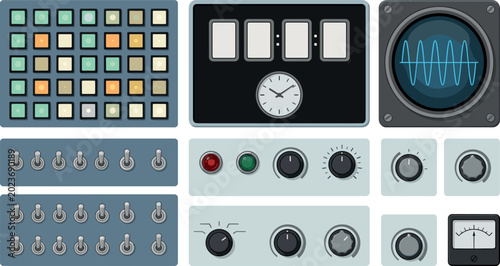Tableau sur toile Retro Industrial Control Panel Interface with Buttons, Switches, Dials, and Moni