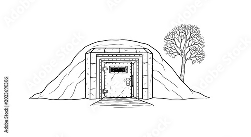 Bild auf Leinwand Underground bunker entrance with heavy steel door and bare tree.