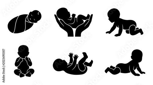 Foto Baby Milestone Silhouettes, Newborn Stages Vector Icons Set, Infant Development