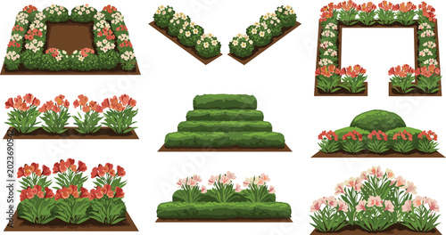 Vector illustration of flower bed garden layouts and hedge bush landscaping elements isolated on white background