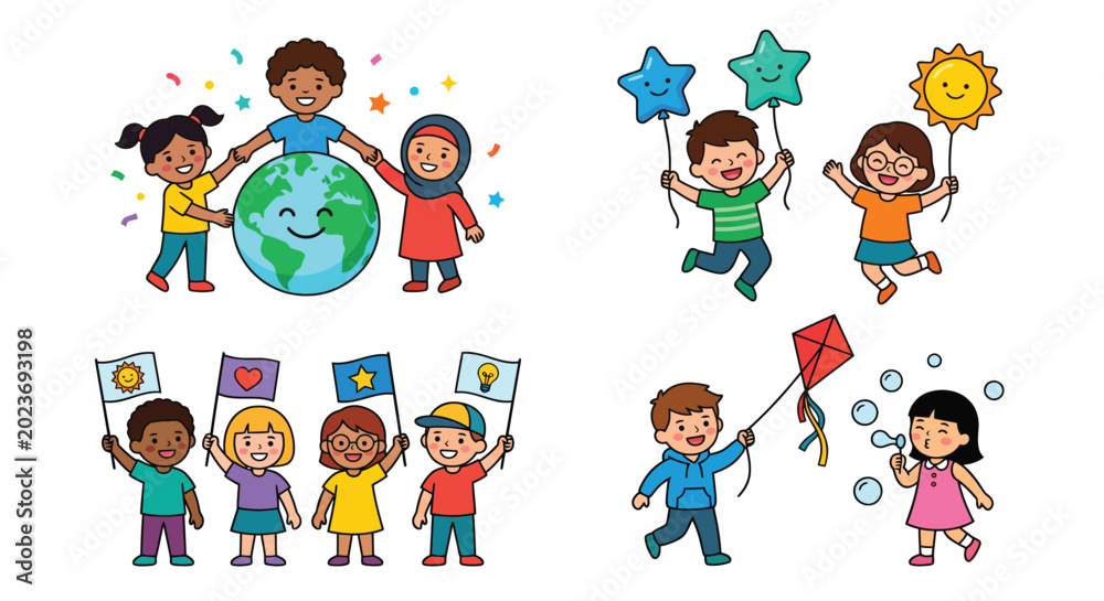 Fototapeta premium children holding hands around earth and with balloons flags and a kite