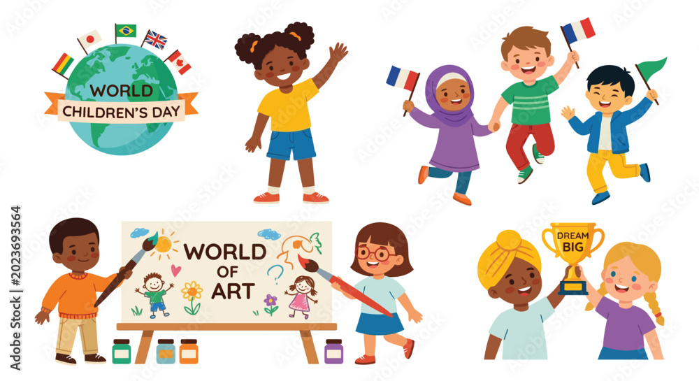 Fototapeta premium children s day illustration with diverse kids and world globe