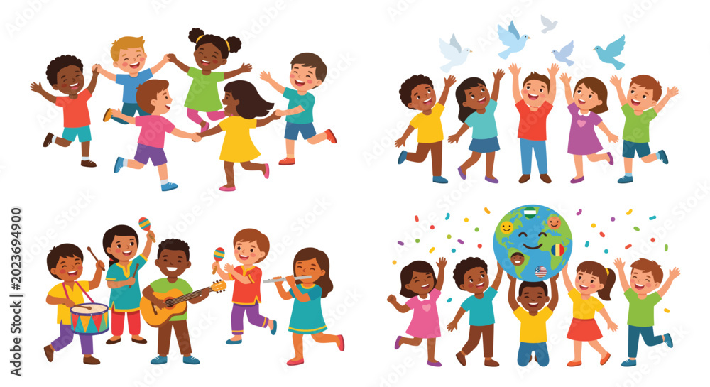 Fototapeta premium group of diverse children celebrating with music and peace symbols