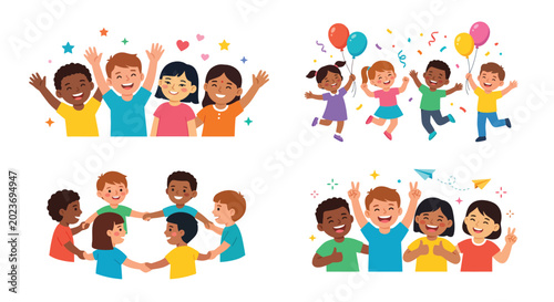 Foto group of children illustrations with celebratory elements vector art