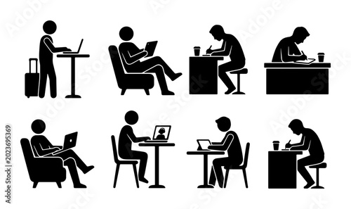 Tableau sur toile Diverse Stick Figure Work Scenes, People Studying, Working on Laptops, Writing,