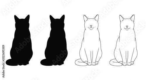 Cat silhouettes and line art drawings on white background silhouette
