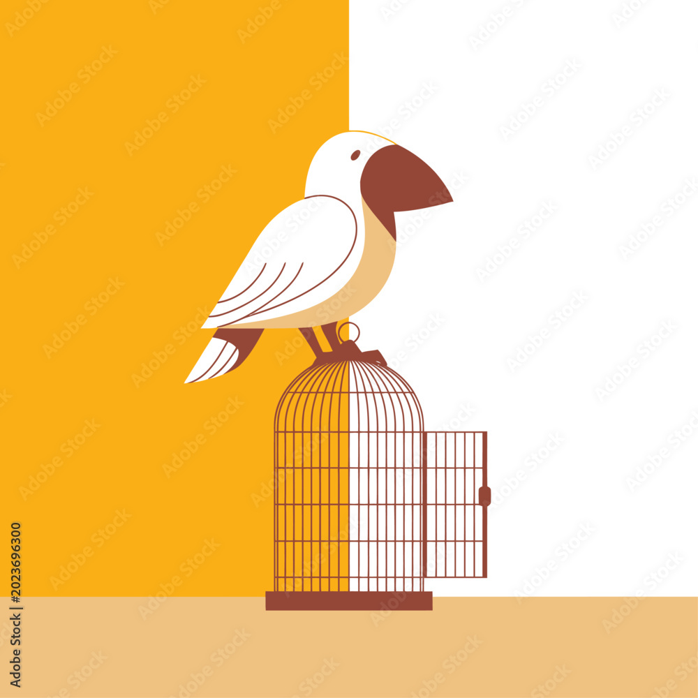 Fototapeta premium Conceptual vector illustration of a white bird perched atop an open birdcage symbolizing freedom with a split yellow and white background