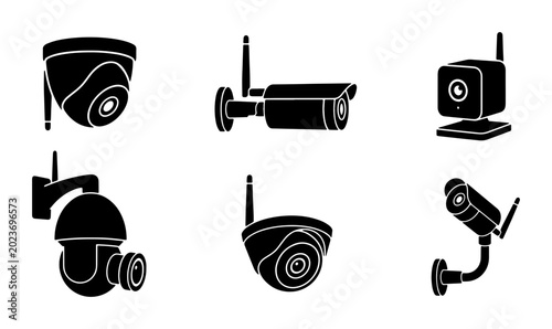 Foto Security Camera Icons Set, Surveillance Equipment Vector Graphics, CCTV Technolo