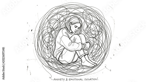 Tableau sur toile Continuous Line Anxiety Isolation Tangled Circle Emotional Distress Minimal Blac