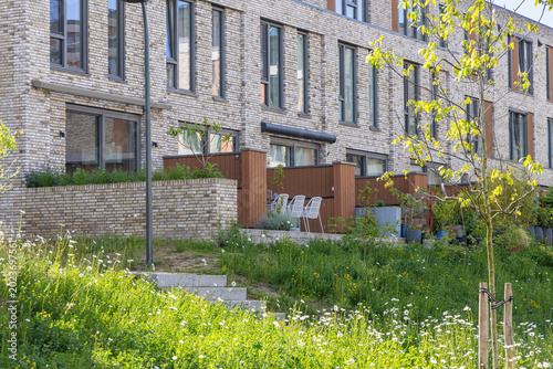 Vászonkép Sunlit brick townhouses with terraces and gardens in suburban area of Ede, The N