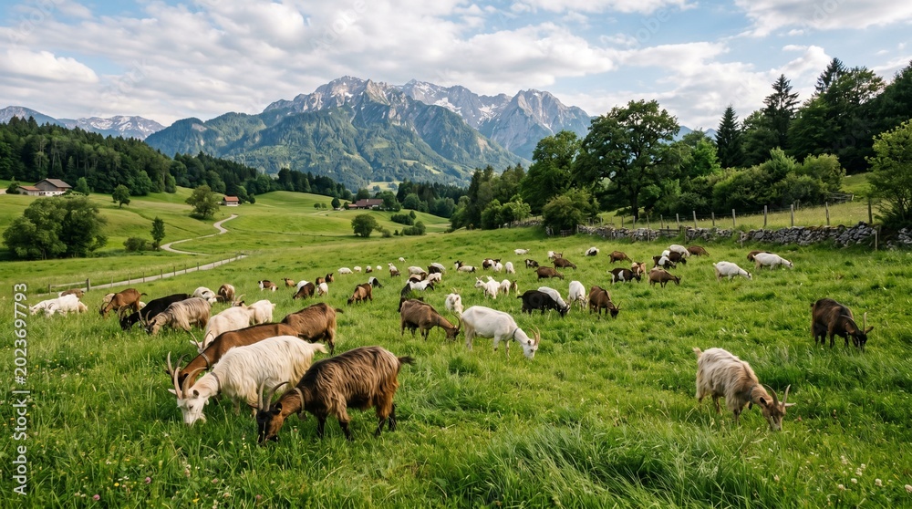 Fototapeta premium Goats Grazing in a Beautiful Mountain Field