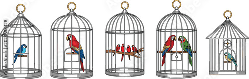 Tableau sur toile Decorative Bird Cage Collection Vector Illustration with Parrots, Songbirds, Vin