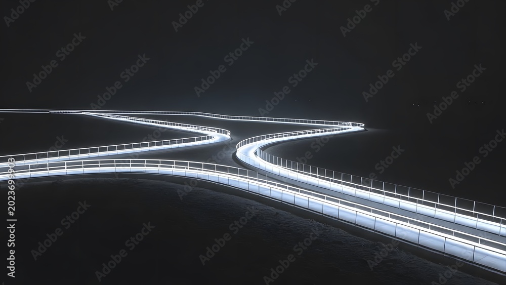 Naklejka premium Curving illuminated pathway with glowing neon lights on dark night background.