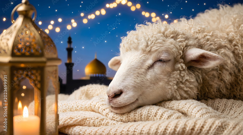 Naklejka premium Peaceful sheep resting near a glowing lantern with a mosque silhouette during Eid celebration