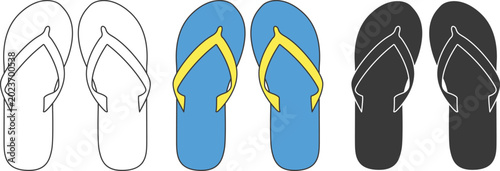 Cuadro en lienzo Trendy flip flop clipart, line art and silhouette vector illustration set