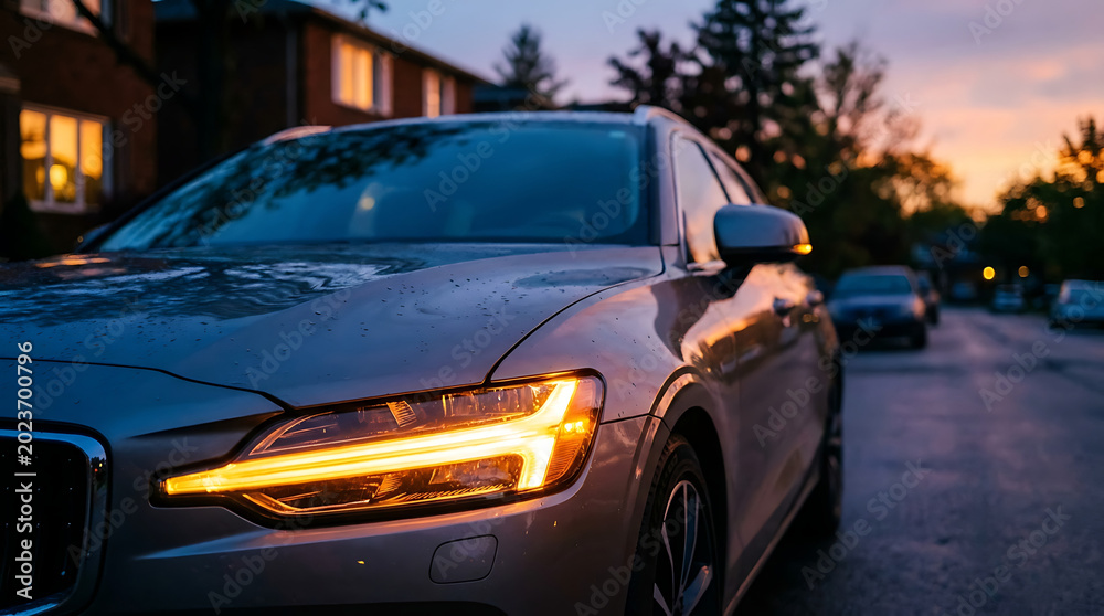 Naklejka premium Silver car's bright amber turn signal glowing on a suburban street at dusk, indicating direction for safe travel.