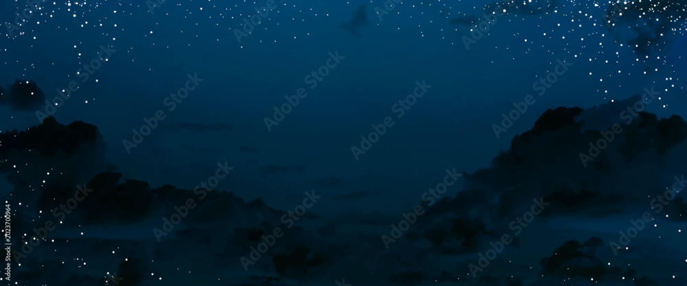 Obraz premium Magic night dark blue background with white snowflakes. Square vector wedding winter card. Snow confetti and navy blue backdrop frame. White scattered celestial dust. Fairytale magic star template