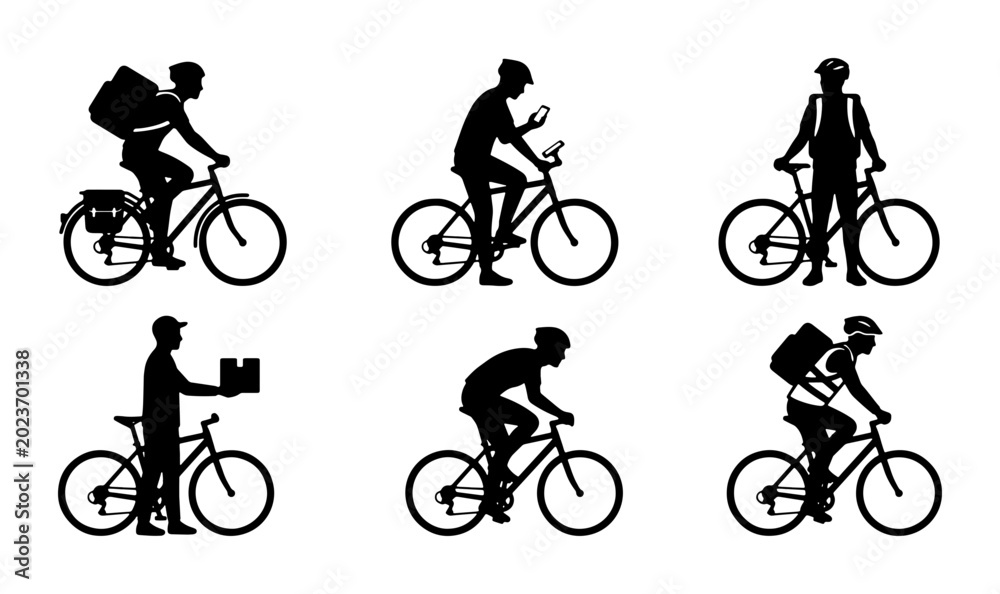 Naklejka premium Vector Silhouettes of Cyclists Delivering Packages, Riding Bikes with Backpacks, and Using Smartphones, Set of 6 Icons for Delivery and Urban Mobility