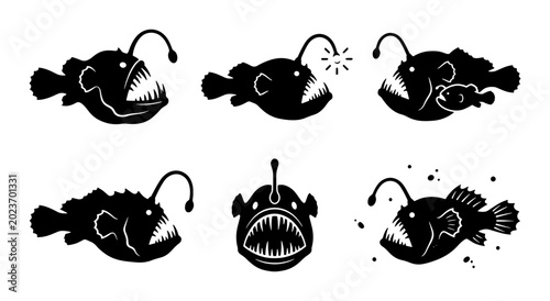 Photos Anglerfish Vector Icons Set, Deep Sea Creature Silhouettes, Marine Life Illustra