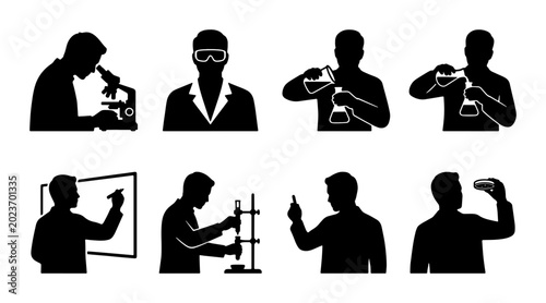 Fotografía Science Lab Icons, Researcher Silhouettes, Laboratory Equipment, Medical Researc