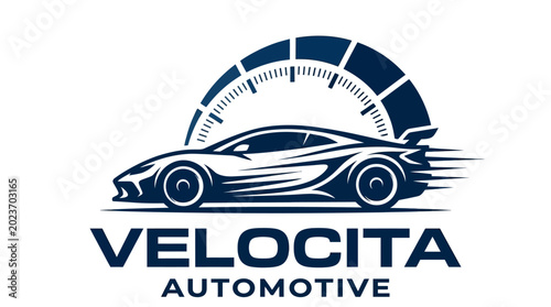Sleek sports car logo with speedometer and Velocita Automotive text.