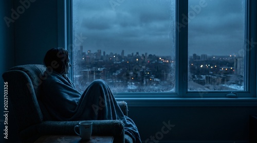 Unhappy girl suffering from insomnia and anxiety looking out frozen window pane experiencing severe sleep loss