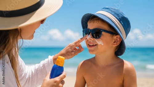 Mother Applying Sunscreen to Child on Beach. AI Generative.