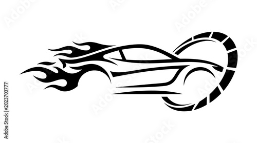 Stylized sports car with flames and tire track.