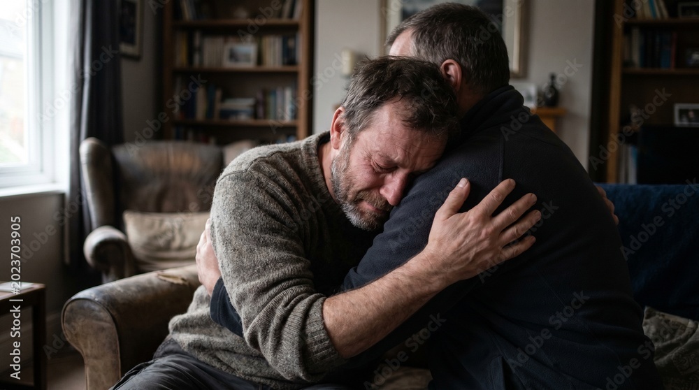 Fototapeta premium Middle Aged Man Crying and Embracing a Friend for Support in a Living Room Setting