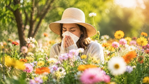 Woman Sneezing in Flower Garden During Allergy Season. AI Generative.