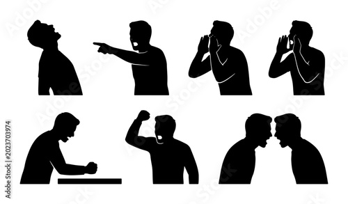 Foto Set of 8 Diverse Human Emotion Silhouettes, Expressing Anger, Frustration, and Outrage