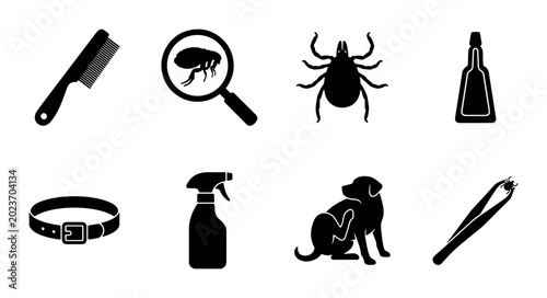 Tableau sur toile Pest Control Icons Set: Flea, Tick, Dog, Collar, Spray, Tweezers, Comb, Magnifyi