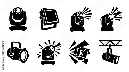 Fotografía Stage Lighting Icons Set: Spotlight, Par Can, Moving Head, Truss Mount, Beam Eff
