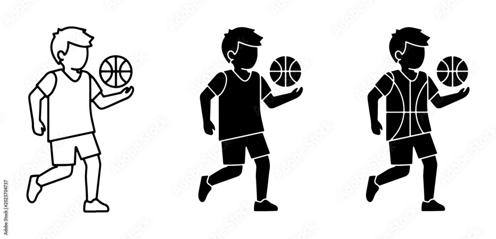 Fototapeta premium Basketball Player Icons: Line Art, Solid Silhouette, and Detailed Vector Graphics